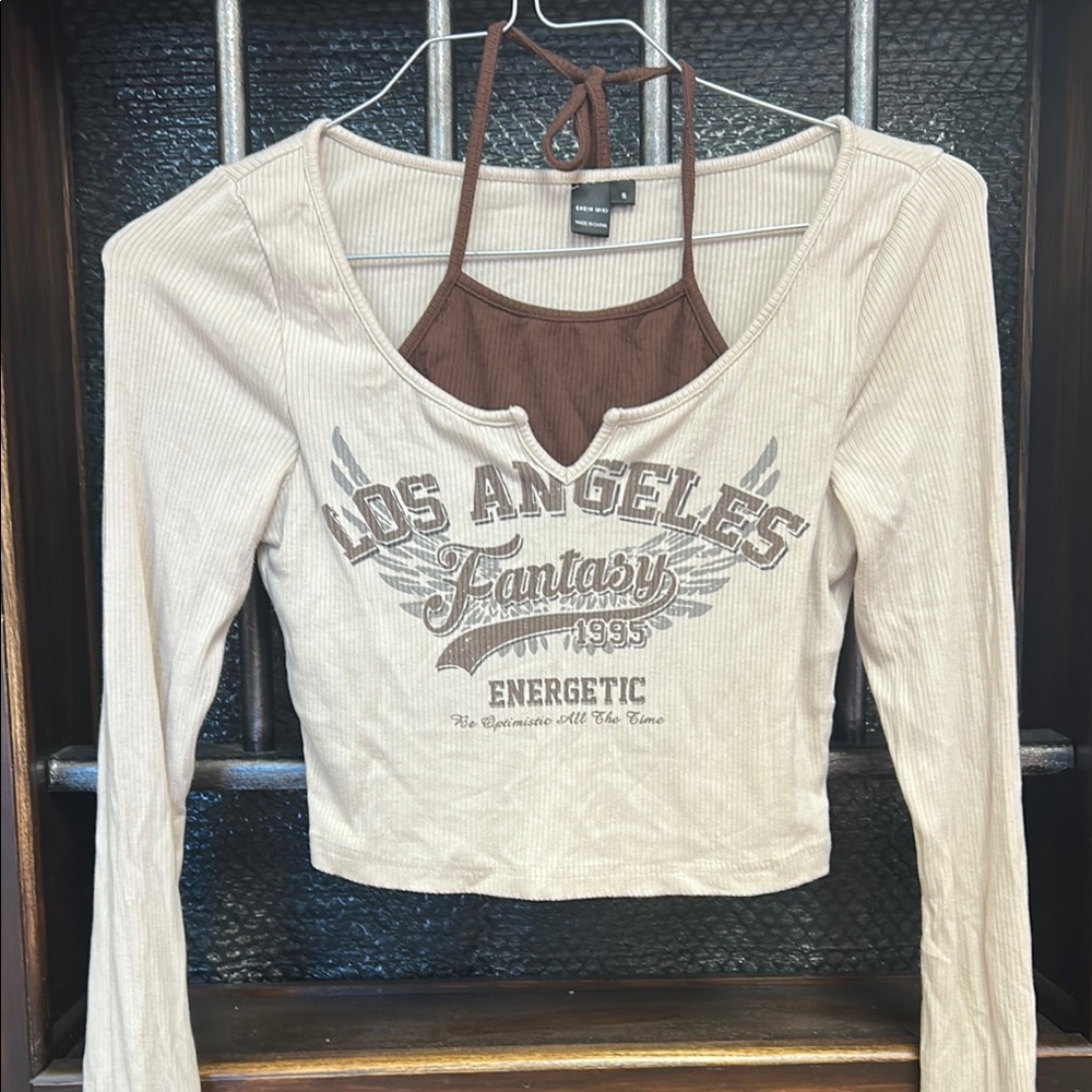 Los Angeles Graphic Long-Sleeve Crop Top with Brown Halter